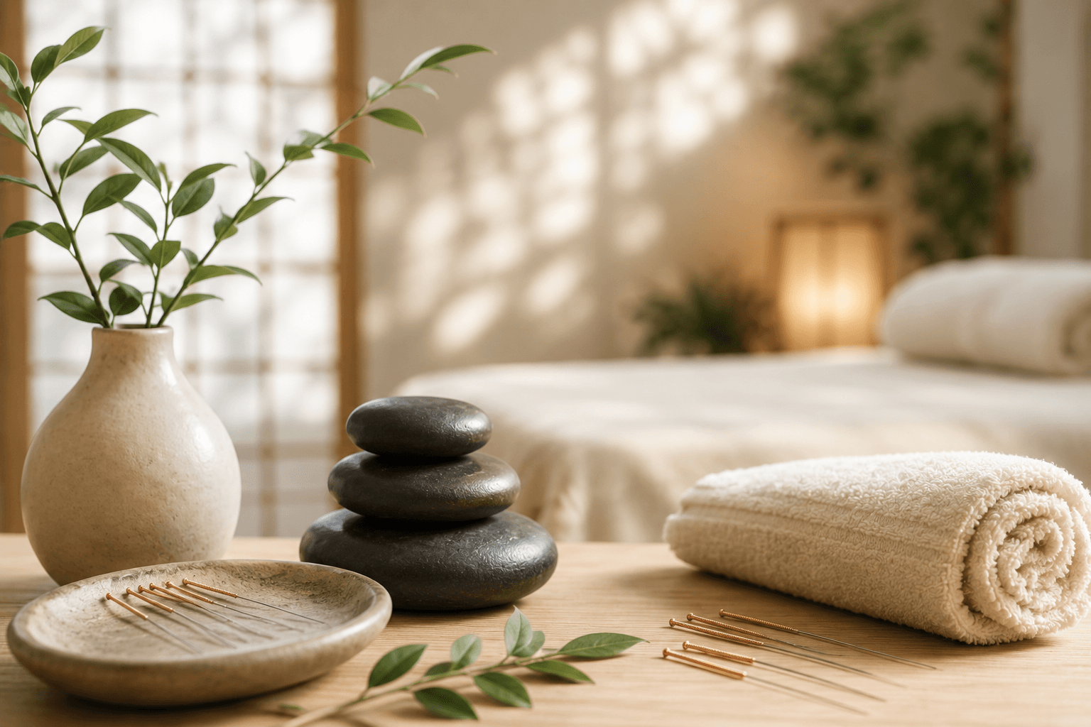 Acupuncture needles, stones, and calm treatment space — precise medicine